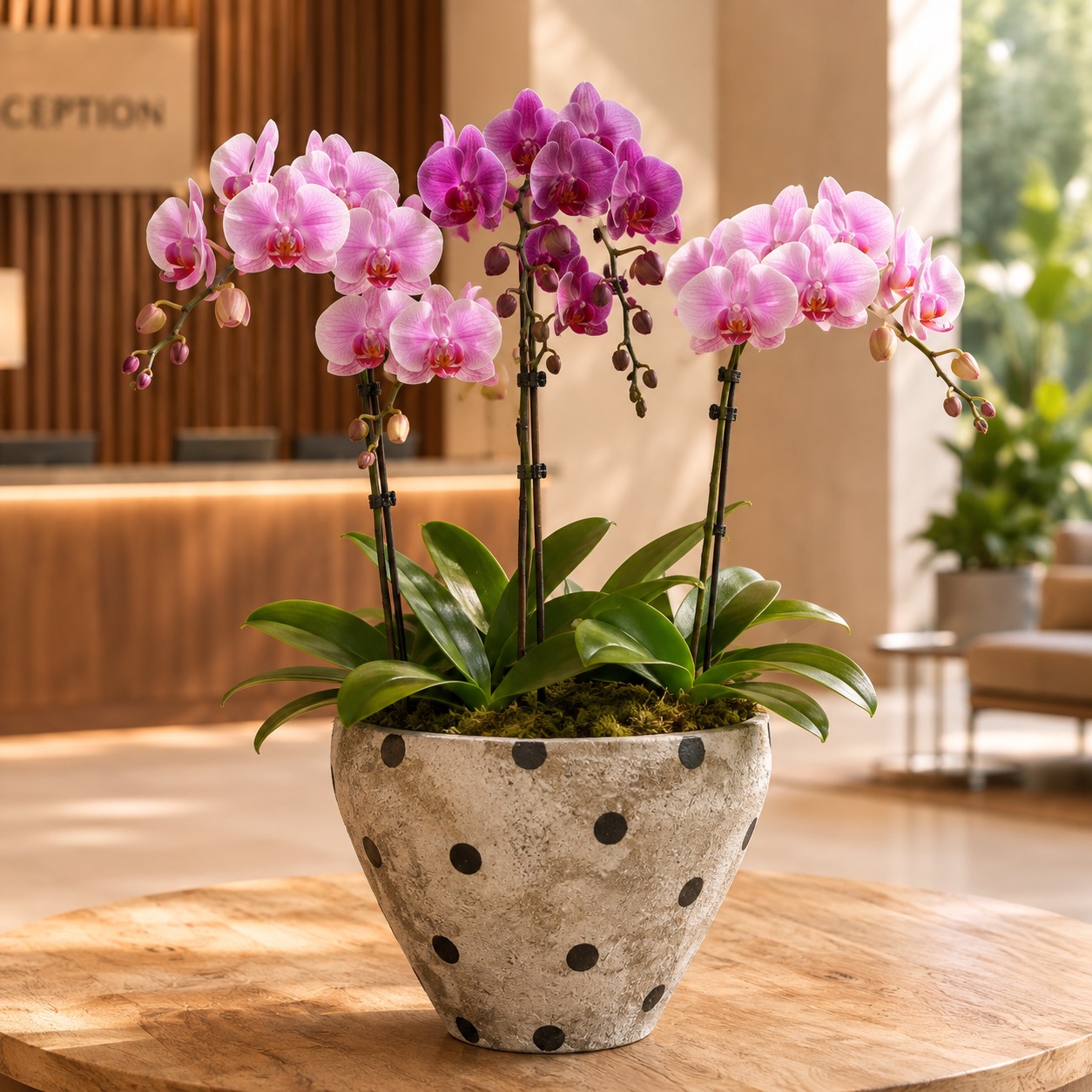 Trio Bloom three-plant Phalaenopsis arrangement in pink and magenta-purple tones in a white polka-dot ceramic bowl