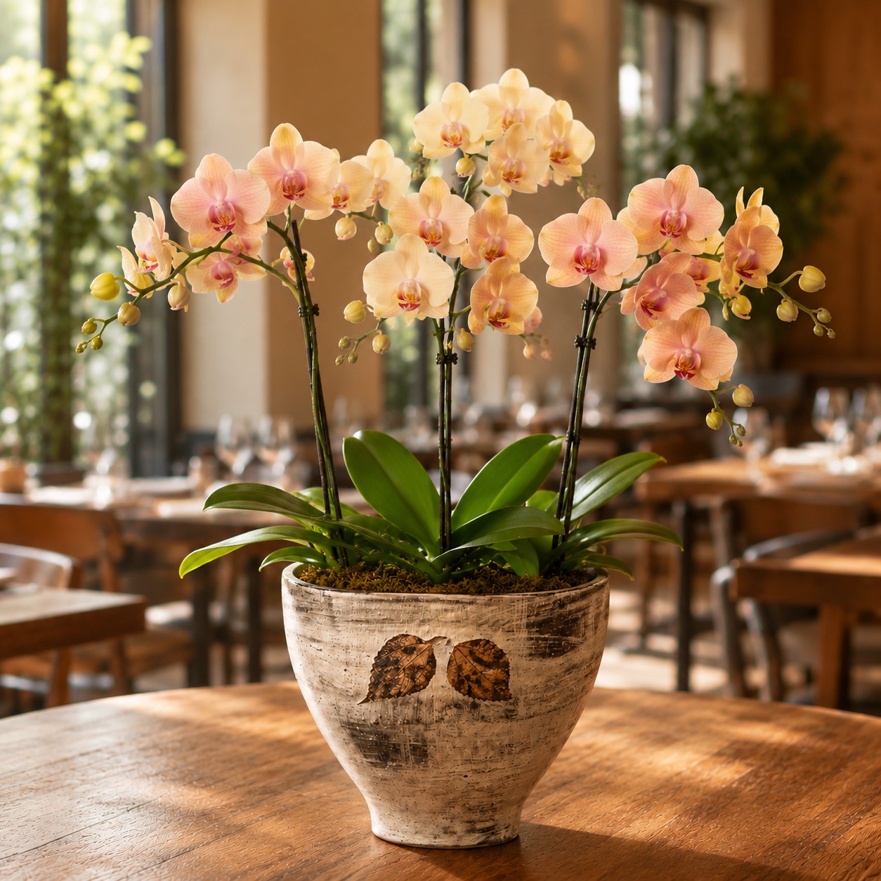 Trio Bloom three-plant Phalaenopsis arrangement in cream, peach and pink tones in a whitewashed ceramic pot with a leaf motif