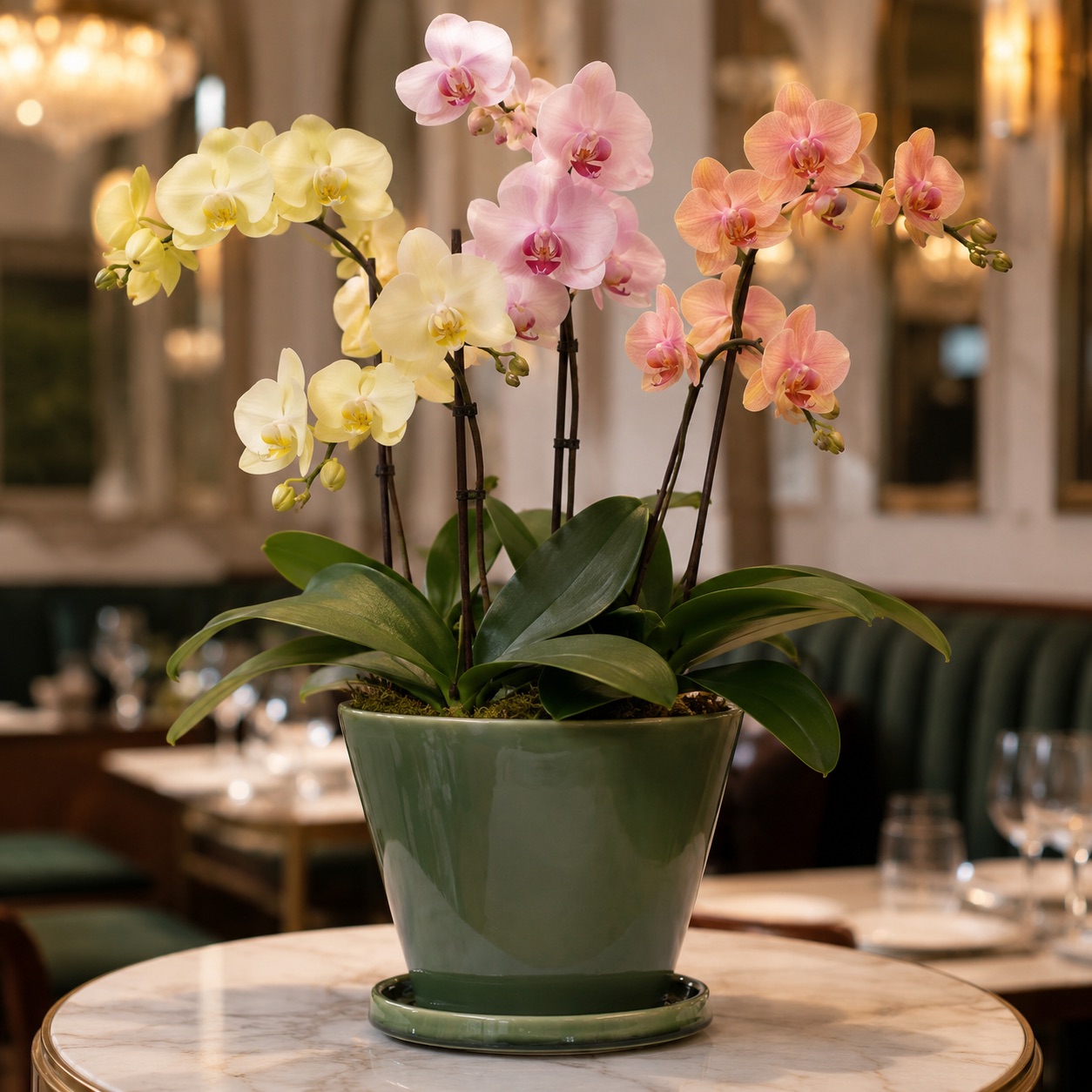 Trio Bloom three-plant Phalaenopsis arrangement in yellow, pink and orange tones in a glossy green ceramic pot with saucer