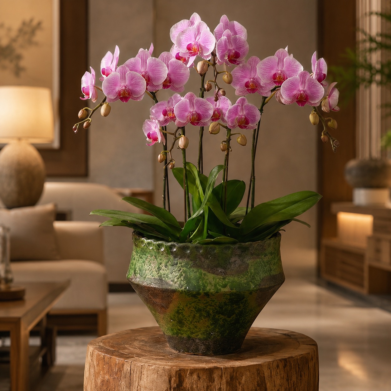 Trio Bloom three-plant Phalaenopsis arrangement in pink and magenta tones in a rustic green and brown glazed ceramic pot