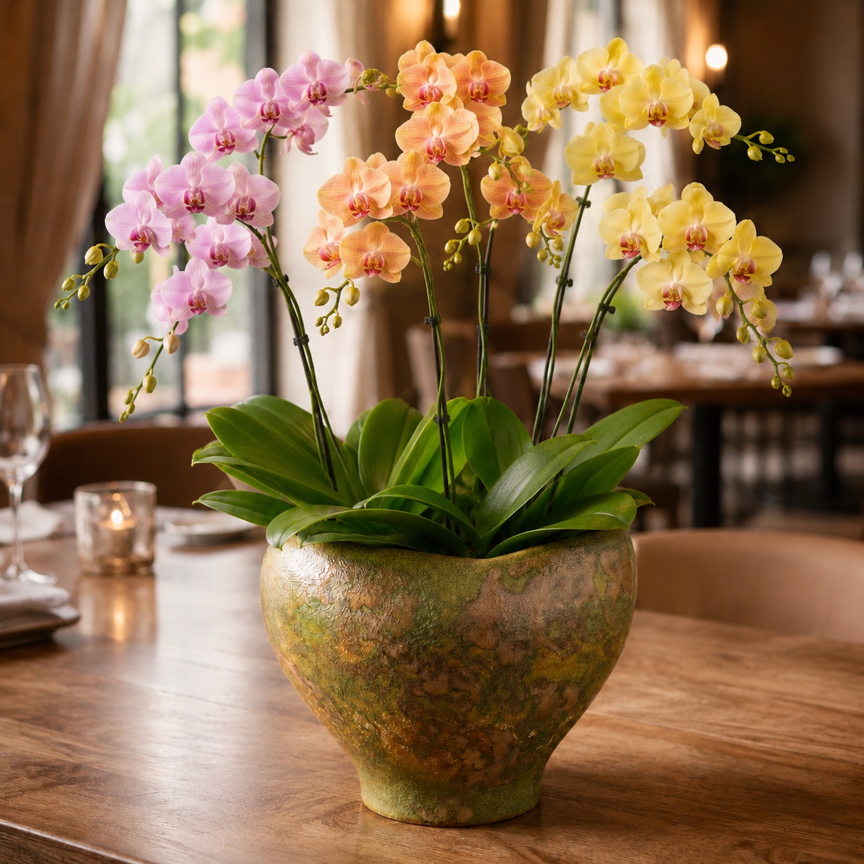 Trio Bloom three-plant Phalaenopsis arrangement in pink, orange and yellow tones in a mottled green and brown ceramic pot