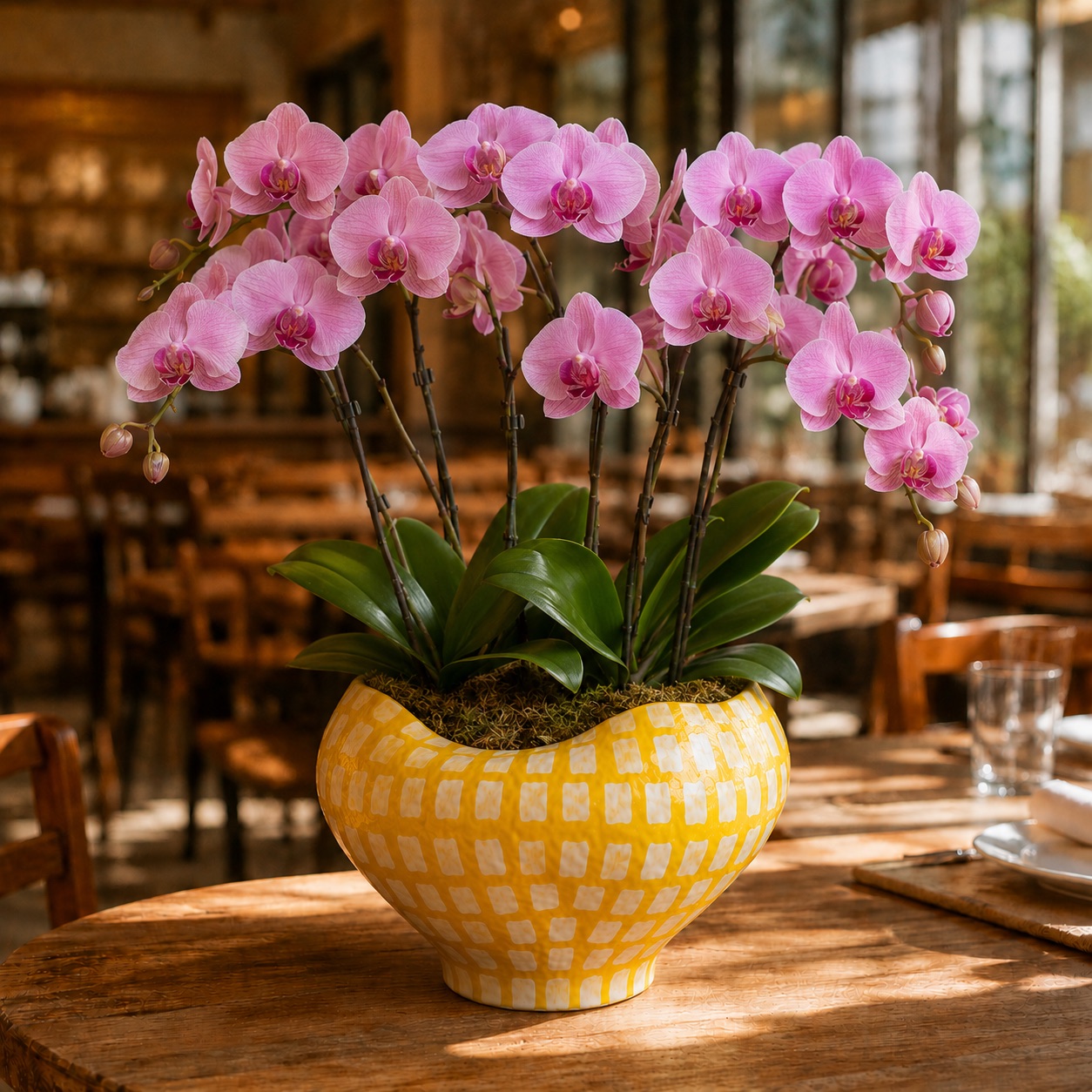 Trio Bloom three-plant Phalaenopsis arrangement in pink and magenta tones in a yellow and white checkered ceramic pot