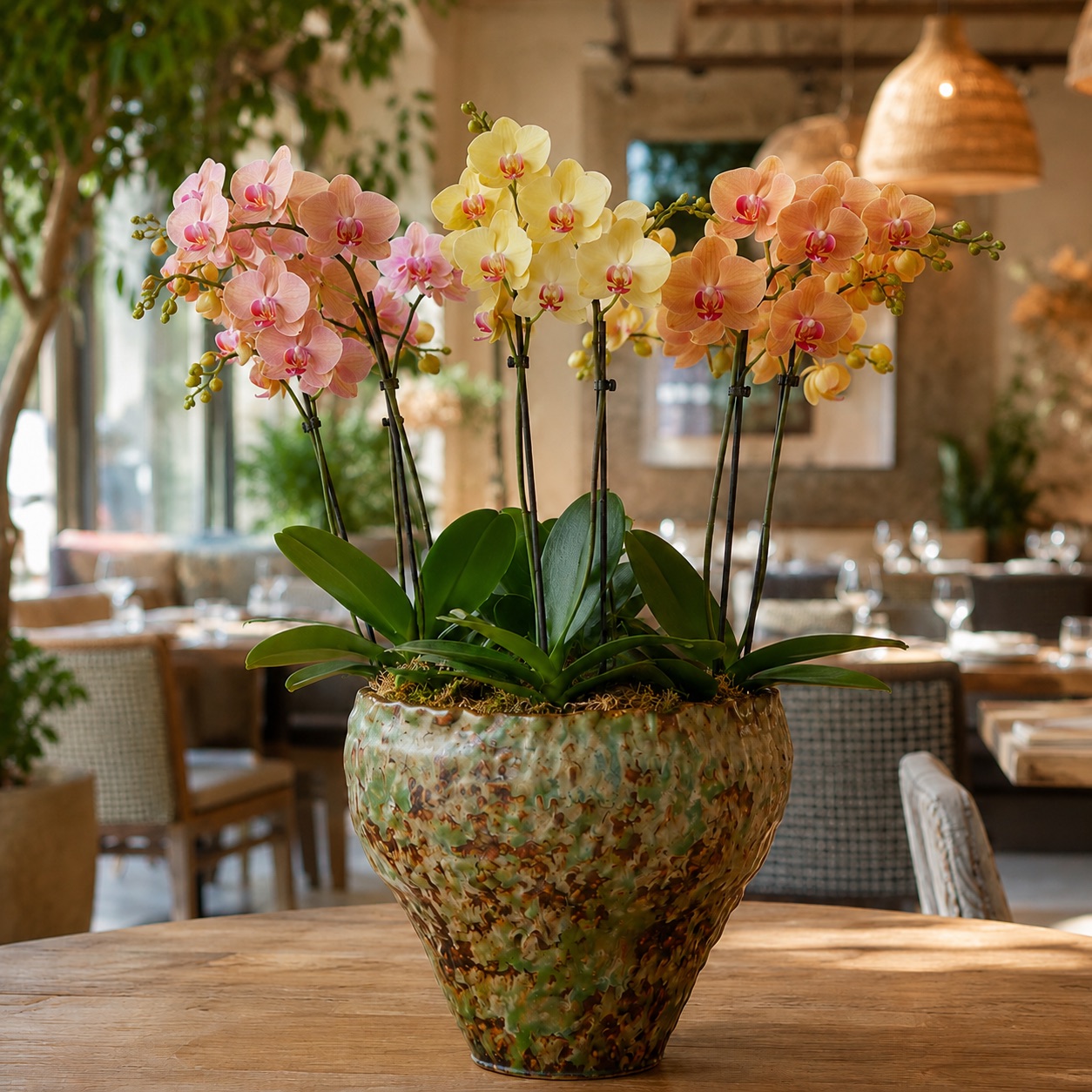 Trio Bloom three-plant Phalaenopsis arrangement in pink, yellow and orange tones in a speckled green and brown ceramic pot