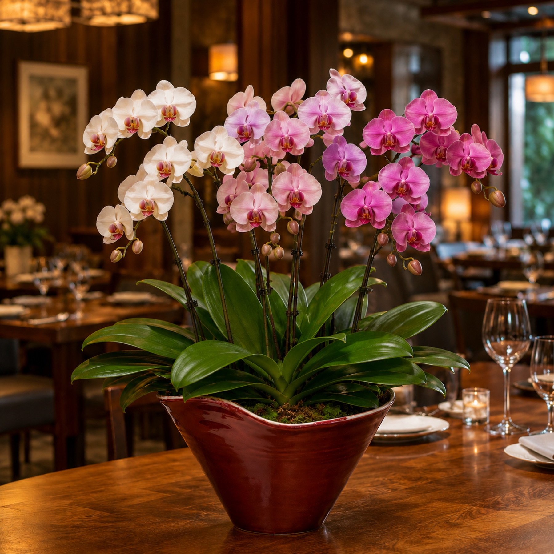 Trio Bloom three-plant Phalaenopsis arrangement in white, pink and magenta tones in a maroon ceramic bowl